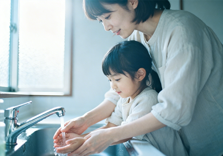 Rinnai consigli per risparmiare acqua. Mamma e figlia che si lavano le mani