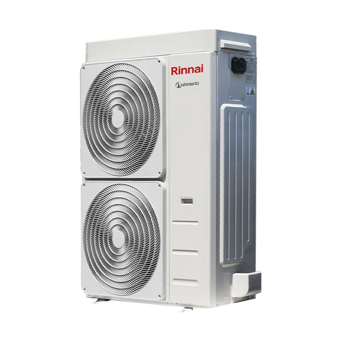 primo piano della pompa di calore monoblocco Shimanto Rinnai vista laterale