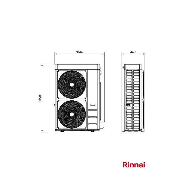 misure pompa di calore Rinnai monoblocco: larghezza 1044 x larghezza 448 per altezza 1409 cm