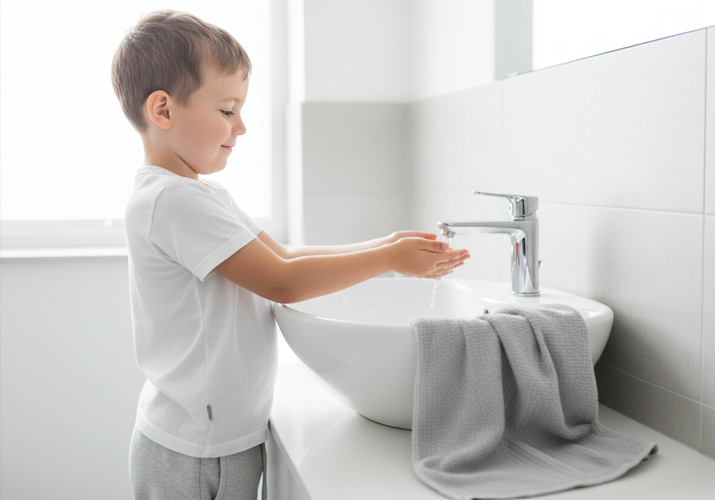Bambino che si lava le mani in casa