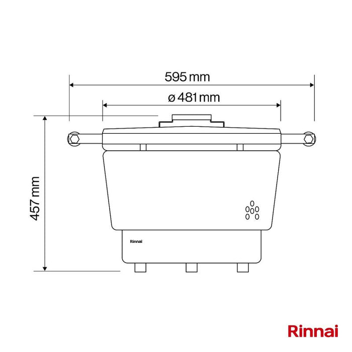 le dimensioni della Cuociriso di Rinnai sono457 mm altezza per 595 mm larghezza totale per 481 mm coperchio 