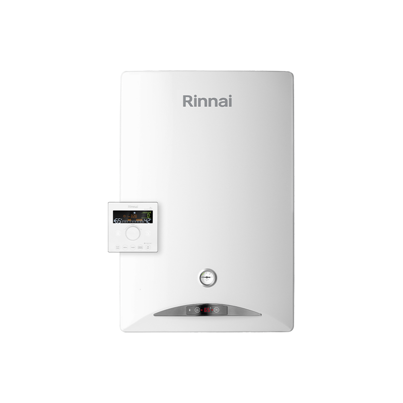 Vista frontale della caldaia Rinnai Zen completa di cronotermostato Wi-Fi incluso di serie