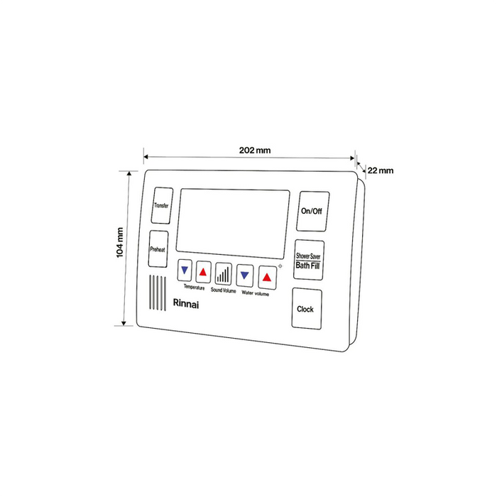dimensioni del comando remoto Rinnai bathroom experience: 104mm altezza x 202mm larghezza x 22 mm profondità