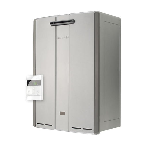 Primo piano scaldabagno da esterno con comando remoto Rinnai Infinity serie Sensei