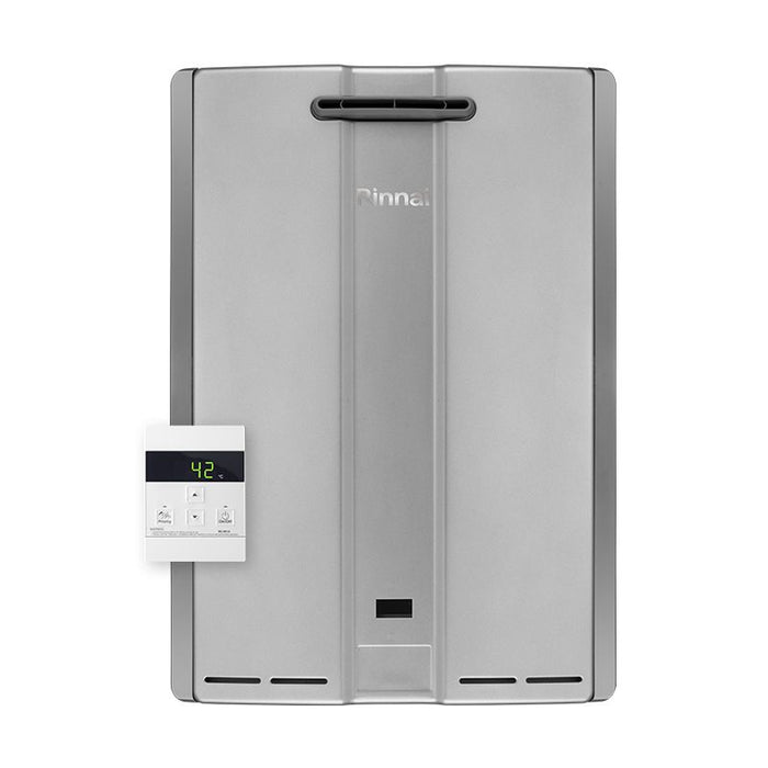 Scaldabagno Rinnai da esterno a condensazione silver con comando remoto di serie bianco