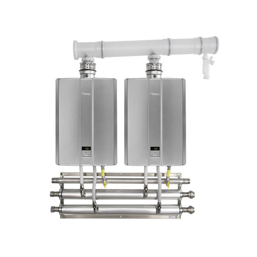 Vista frontale Modus Infinity Essential completo di scaldabagni, collettori acqua, gas e fumi