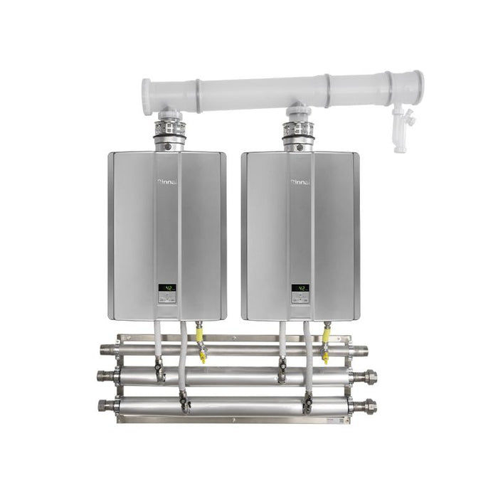 Vista frontale Modus Infinity Essential completo di scaldabagni, collettori acqua, gas e fumi