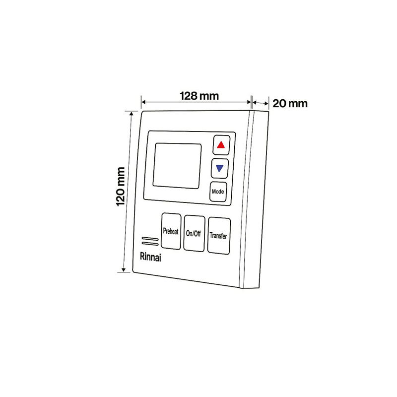 Misure del comando per la regolazione dell'acqua calda in cucina: 120mm altezza x 128 mm larghezza x 20 mm profondità
