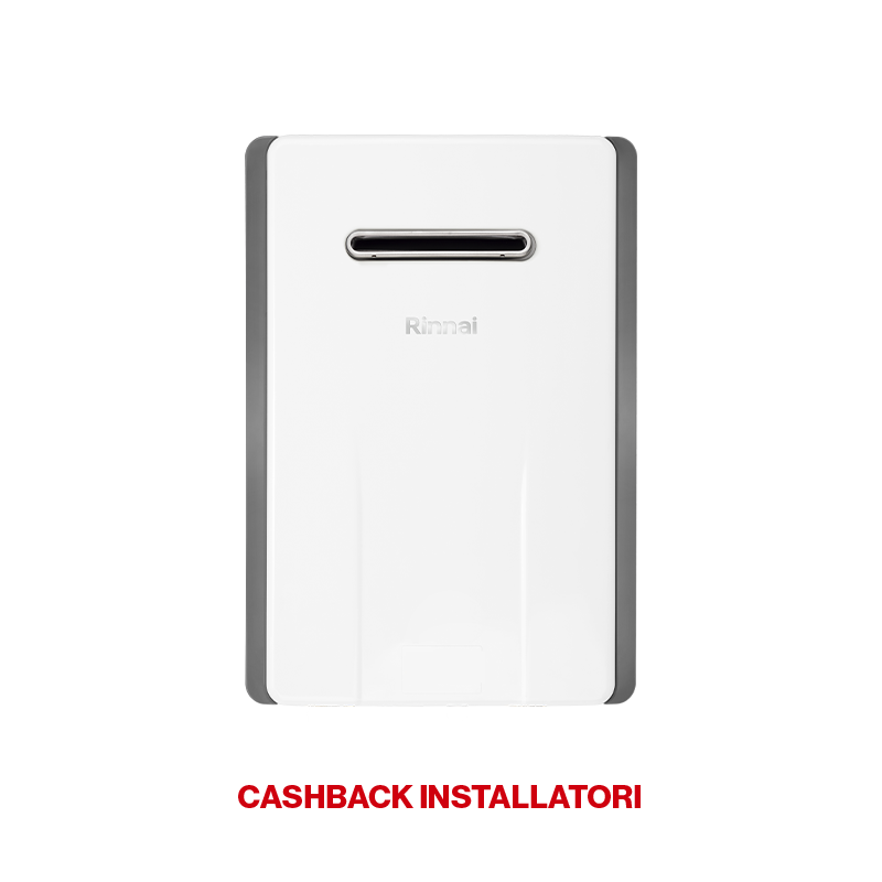 vista frontale scaldabagno Rinnai bianco con feritoia frontale per sarico diretto e cashback installatori