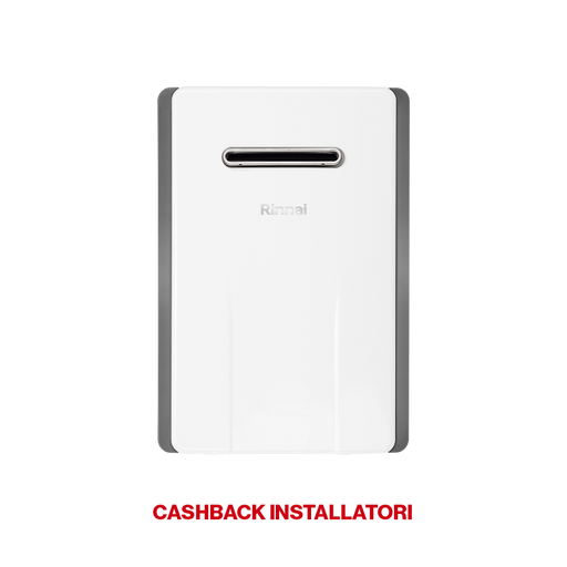 vista frontale scaldabagno Rinnai bianco con feritoia frontale per sarico diretto e cashback installatori