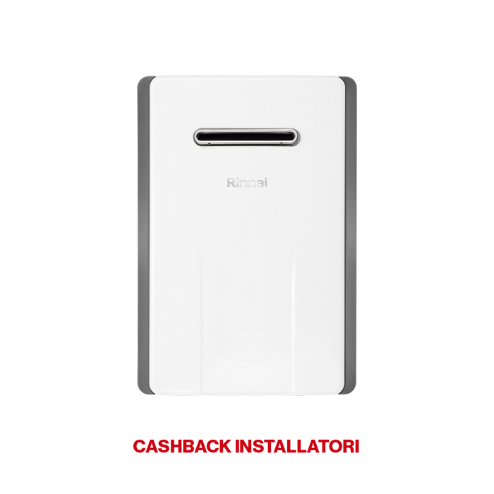 vista frontale scaldabagno Rinnai bianco con feritoia frontale per sarico diretto e cashback installatori
